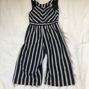Halter neck romper, navy and white striped